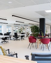 Desk clumps and hang out areas in an office in London