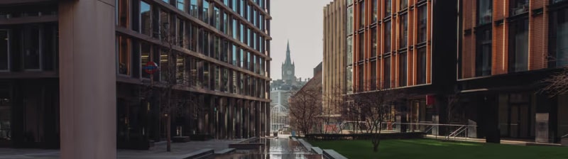 Some office blocks on a river in London