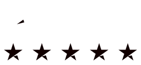 Trustpilot 5-star rating logo with five black stars on a white background.